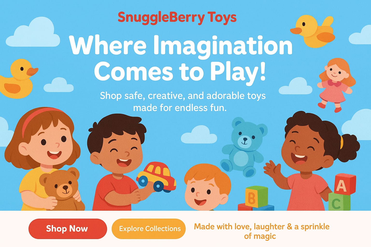 Advertisement for SnuggleBerry Toys with children and toys on a blue background